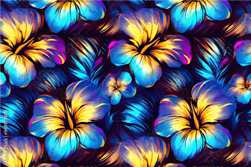 A seamless pattern of vibrant blue and yellow hibiscus flowers with palm leaves-gigapixel-art-scale-4_00x
