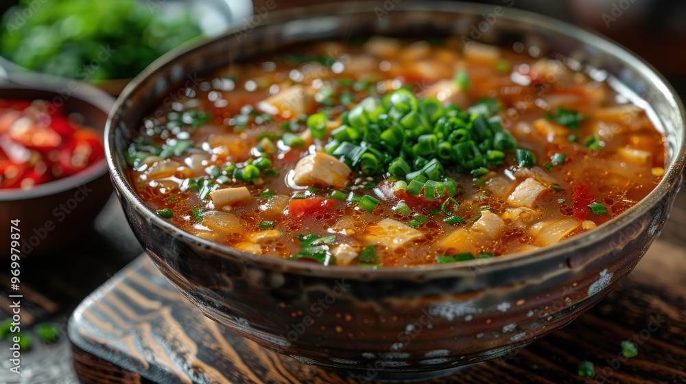 A bowl of hot and sour soup served in a traditional Chinese restaurant A bowl of hot and sour soup served in a traditional Chinese restaurant