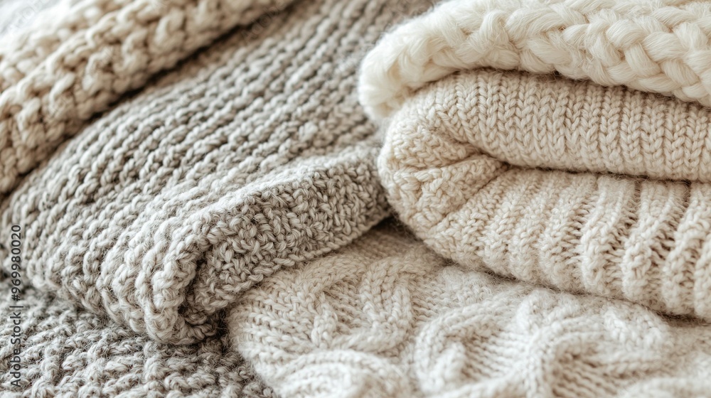 A stack of sweaters sits atop a white tablecloth featuring a crochet pattern A stack of sweaters sits atop a white tablecloth featuring a crochet pattern