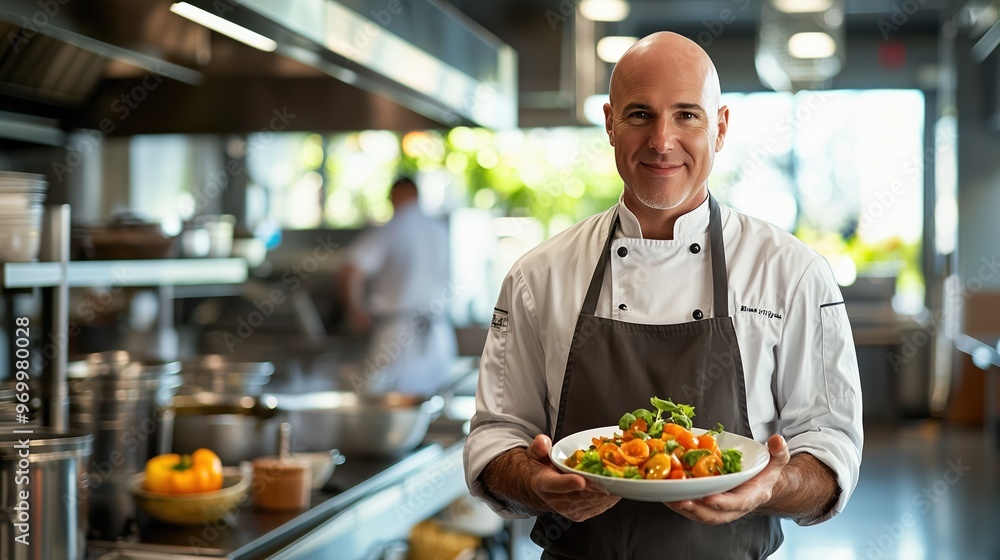 Bald Chef Displaying a Fresh Salad Dish in Modern Restaurant Kitchen