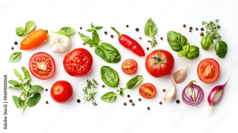 A collection of tomatoes, basil, garlic, peppers, and spices set against a clean white backdrop A collection of tomatoes, basil, garlic, peppers, and spices set against a clean white backdrop