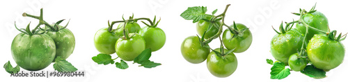 Fresh green tomatoes with leaves isolated on transparent background, set of