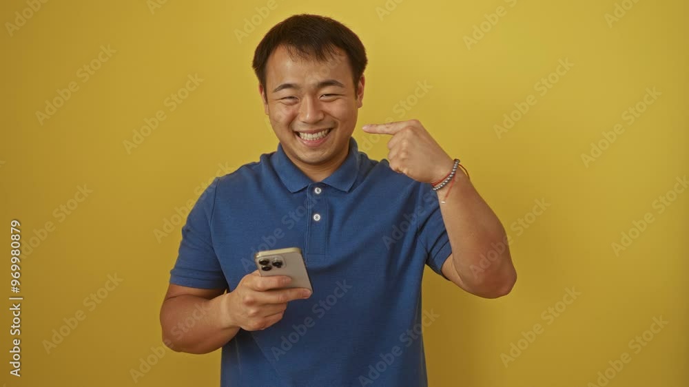 Young chinese man pointing finger at himself with a proud smile while using smartphone over an isolated yellow background Young chinese man pointing finger at himself with a proud smile while using smartphone over an isolated yellow background