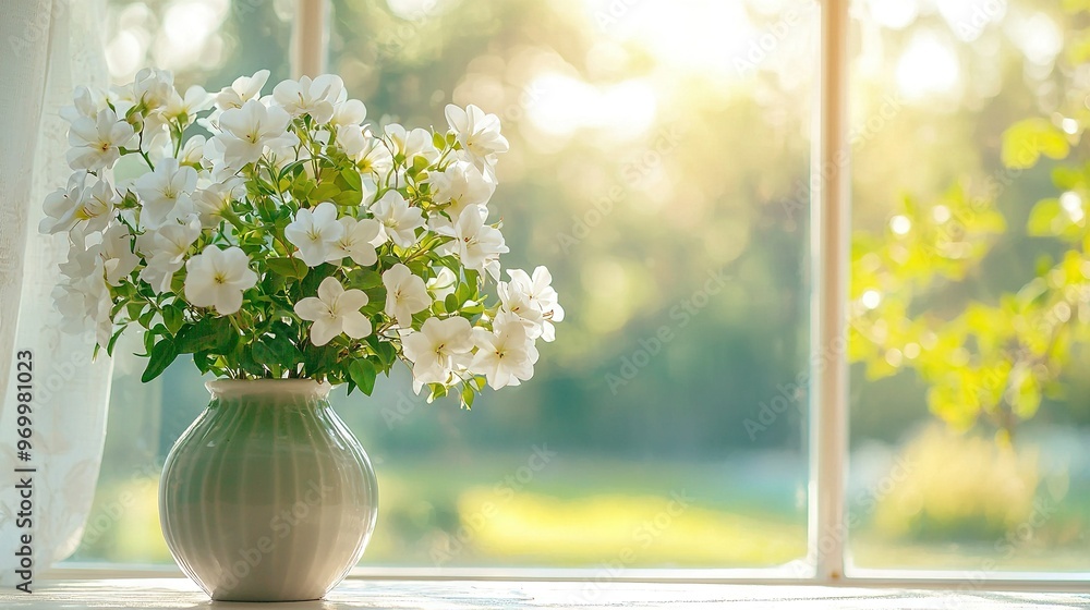 A vase brimming with white blossoms rests atop a window ledge, adjacent to a verdant vase adorned with the same A vase brimming with white blossoms rests atop a window ledge, adjacent to a verdant vase adorned with the same