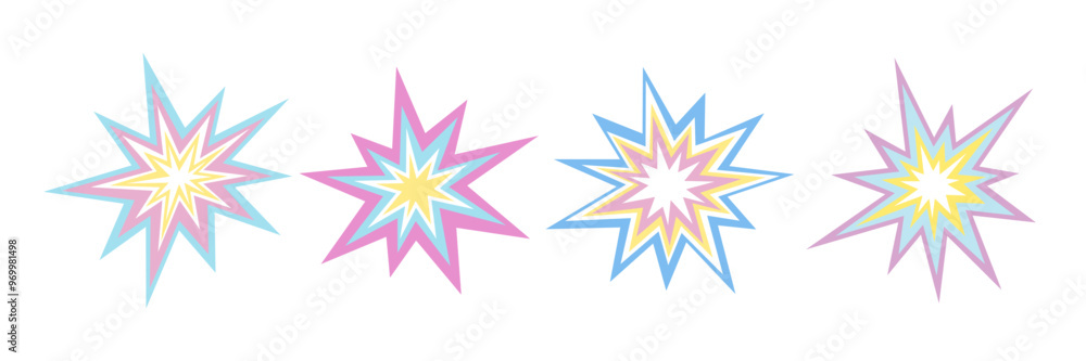 Set of explosions icons with fire, pastel colors. Pink, blue, yellow. Sticker, price tag, tag, birthday, holiday, sweet, girly, kids. Flat simple vector illustration with space for text Set of explosions icons with fire, pastel colors. Pink, blue, yellow. Sticker, price tag, tag, birthday, holiday, sweet, girly, kids. Flat simple vector illustration with space for text
