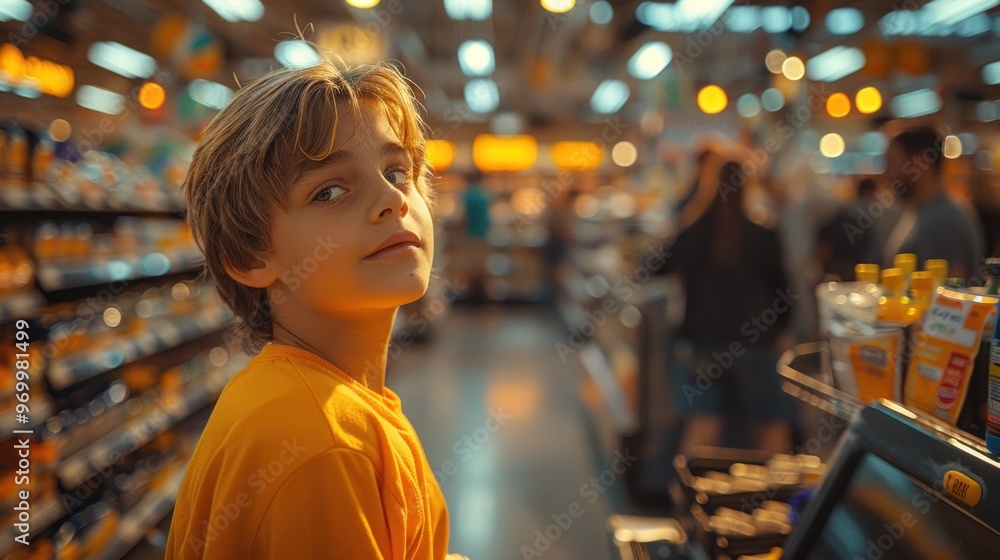Obraz premium A boy customer at the checkout counter in a busy retail store
