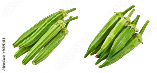 Fresh okra isolated on transparent background, set of