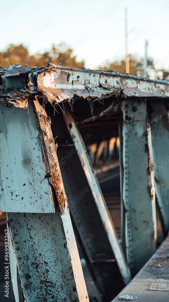 A close up of damaged bridge with collapsed sections, showcasing its deterioration A close up of damaged bridge with collapsed sections, showcasing its deterioration