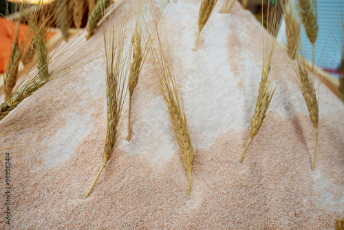 Close-Up of Wheat Stalks on Rustic Flour Background