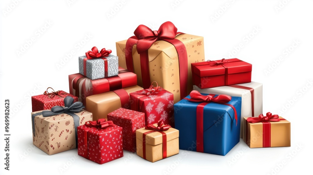 A pile of gifts with various festive wrapping paper, realistic style, high detail, isolated on white background A pile of gifts with various festive wrapping paper, realistic style, high detail, isolated on white background