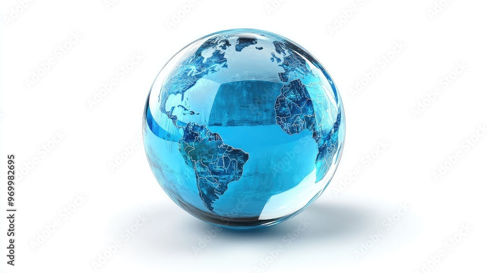 Glass Transparent Ball with Blue Continents on a White Background, Ideal for Global and Geographical Design Projects Glass Transparent Ball with Blue Continents on a White Background, Ideal for Global and Geographical Design Projects