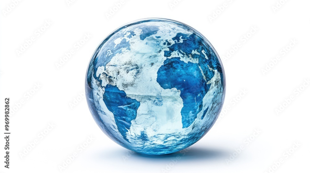 Glass Transparent Ball with Blue Continents on a White Background, Ideal for Global and Geographical Design Projects Glass Transparent Ball with Blue Continents on a White Background, Ideal for Global and Geographical Design Projects