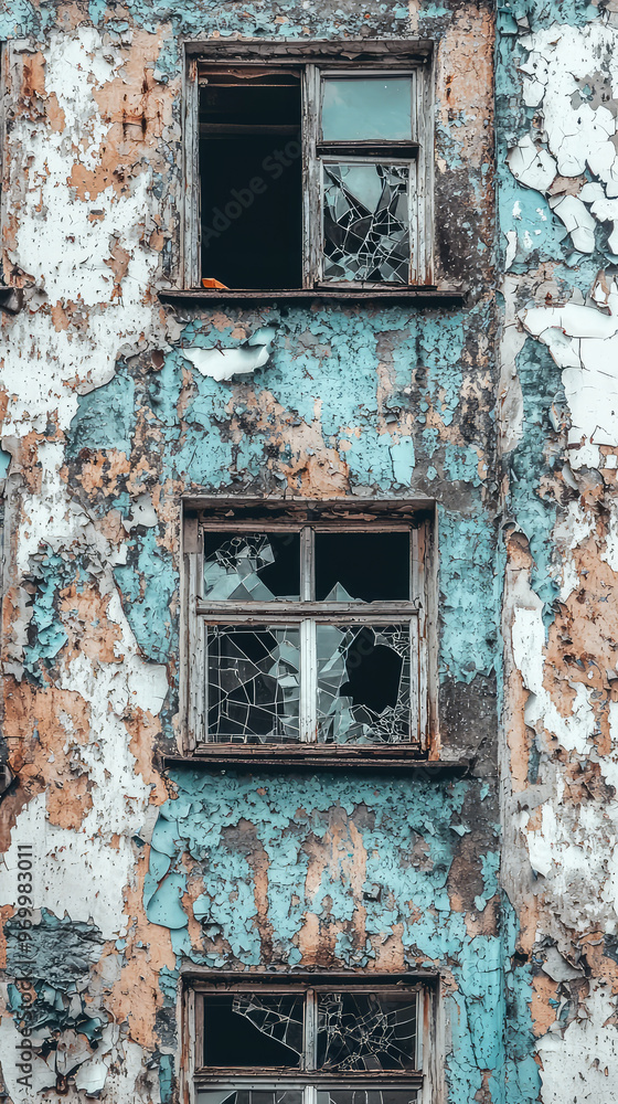 A close up of dilapidated building with peeling paint and broken windows evokes sense of decay A close up of dilapidated building with peeling paint and broken windows evokes sense of decay