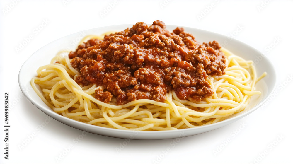 A plate of perfectly cooked spaghetti topped with a generous portion of delicious meat sauce, set against a white background. A plate of perfectly cooked spaghetti topped with a generous portion of delicious meat sauce, set against a white background.