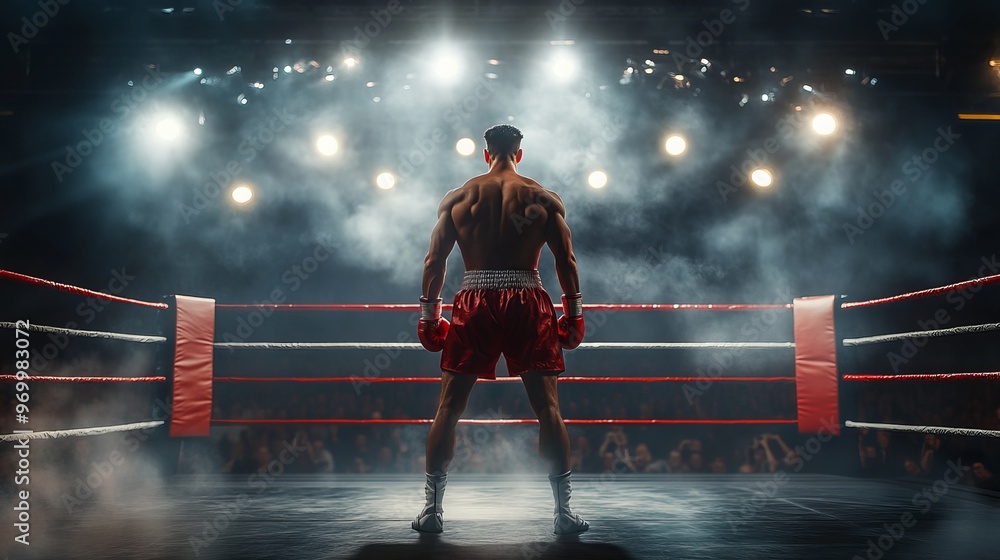 Fototapeta premium A pugilist stands in a boxing ring, the epitome of athleticism and determination. Amidst the echoes of cheers and the glow of spotlights, they embody the spirit of competition