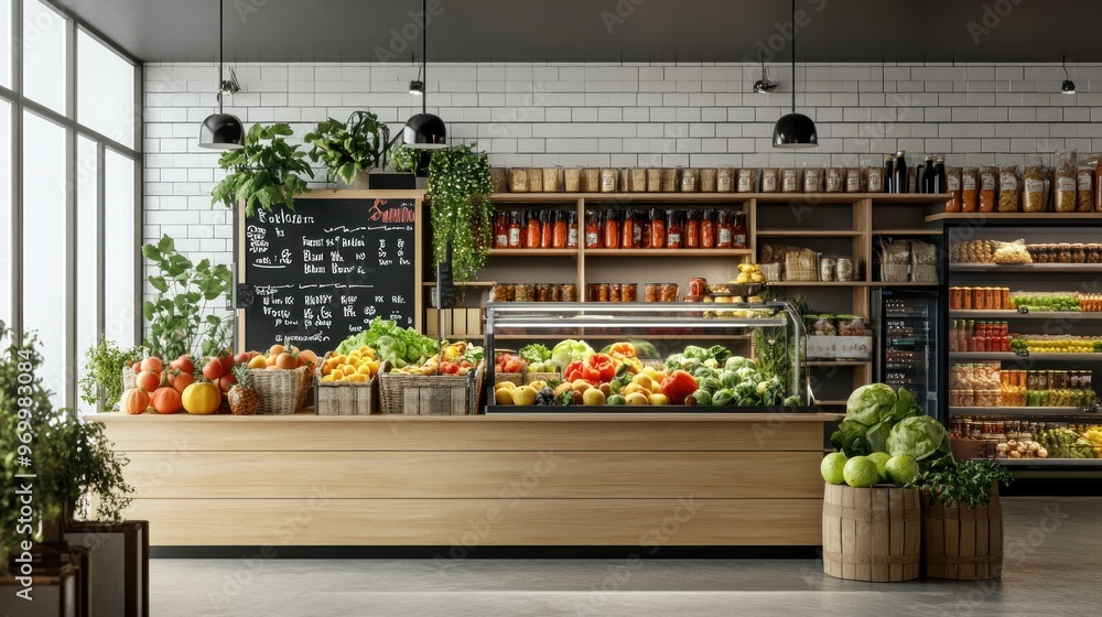 Modern Grocery Store Interior with Fresh Produce and Shelving Modern Grocery Store Interior with Fresh Produce and Shelving