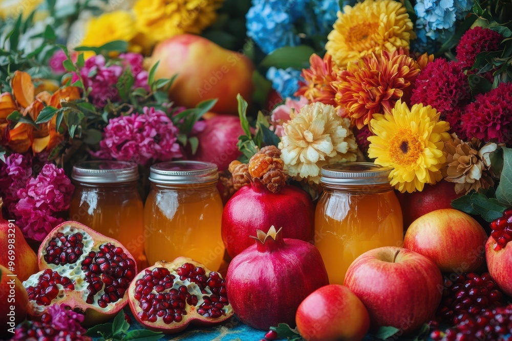 celebrate rosh hashanah with a vibrant banner featuring symbols like pomegranates, apples, honey jars, and colorful flowers, representing the jewish new year celebrate rosh hashanah with a vibrant banner featuring symbols like pomegranates, apples, honey jars, and colorful flowers, representing the jewish new year
