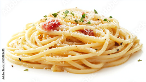 A close-up of a delicious pasta dish featuring spaghetti topped with grated cheese, herbs, and bits of tomato against a white background.