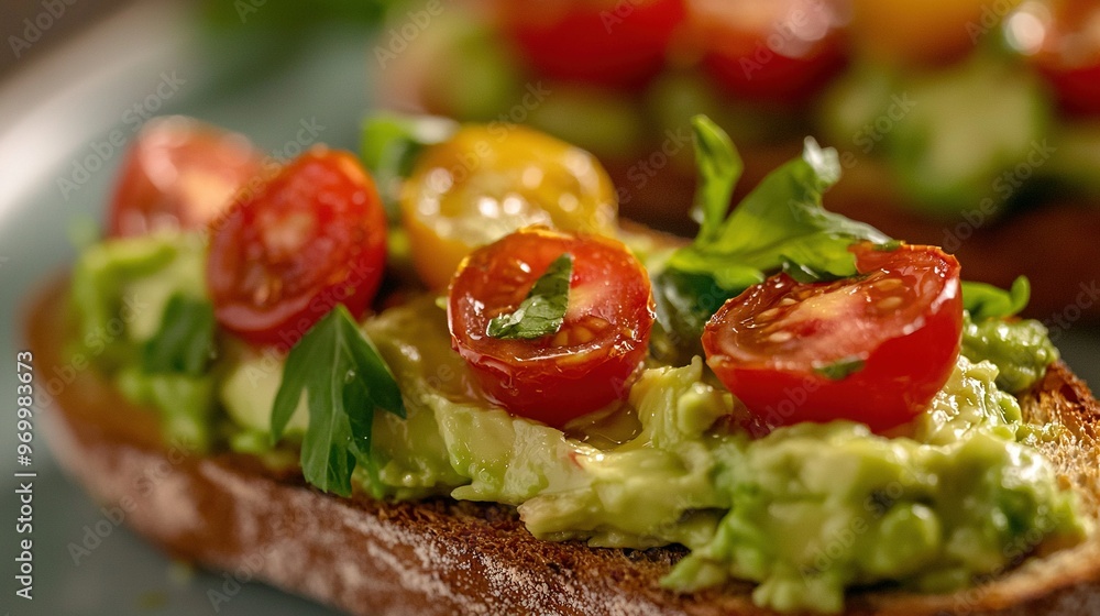 A zoomed-in image of bread topped with avocado, tomato, and lettuce A zoomed-in image of bread topped with avocado, tomato, and lettuce