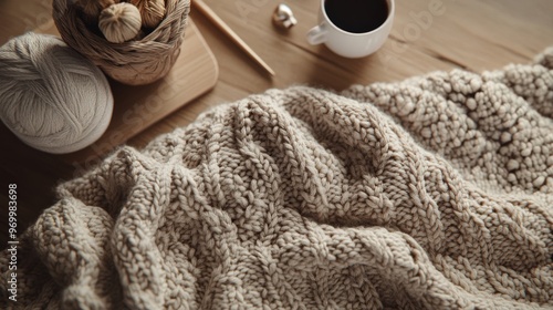 Cozy warm drinks and knitting supplies on a textured blanket in a sunlit indo...