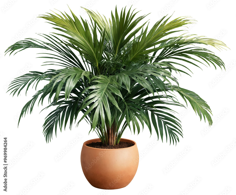 Obraz premium Palm plant in pot against green wall on a transparent background