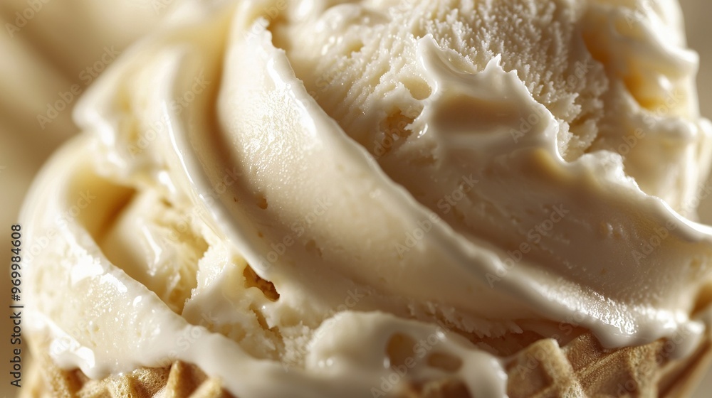   Vanilla ice cream scooped onto waffle cone with bite taken