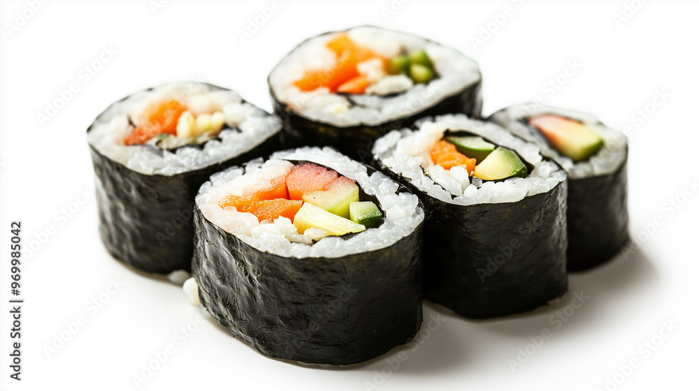 Close-up of assorted sushi rolls featuring fresh vegetables and seafood, wrapped in seaweed and rice, creating a vibrant and appetizing display. Close-up of assorted sushi rolls featuring fresh vegetables and seafood, wrapped in seaweed and rice, creating a vibrant and appetizing display.
