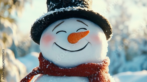 A snowman smiling, with eyes closed and a carrot nose. The background is clear, with the snowman in the center of the frame. The snowman is wearing a black hat and a red scarf. 