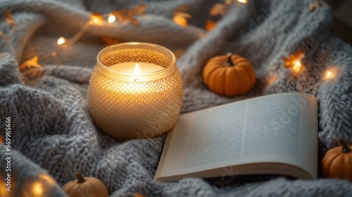 Cozy autumn evening with a lit candle, small pumpkins, and a book on a warm k...