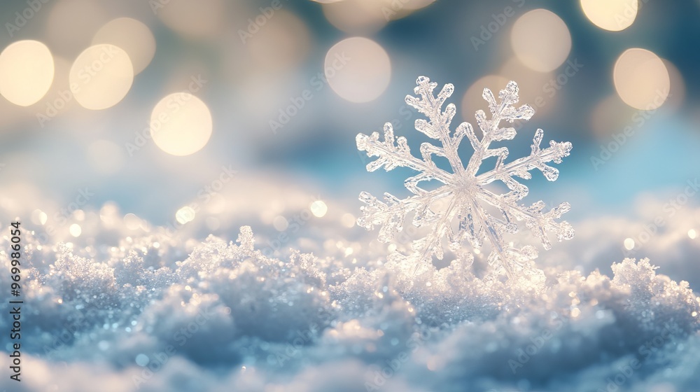 A snowy scene is depicted, with real snowdrift and acrylic crystals adding depth and texture. Bokeh lights twinkle in the background, creating a festive atmosphere. The soft A snowy scene is depicted, with real snowdrift and acrylic crystals adding depth and texture. Bokeh lights twinkle in the background, creating a festive atmosphere. The soft