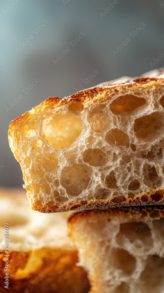 A close up of slice of sourdough bread with crispy crust, showcasing its airy texture A close up of slice of sourdough bread with crispy crust, showcasing its airy texture