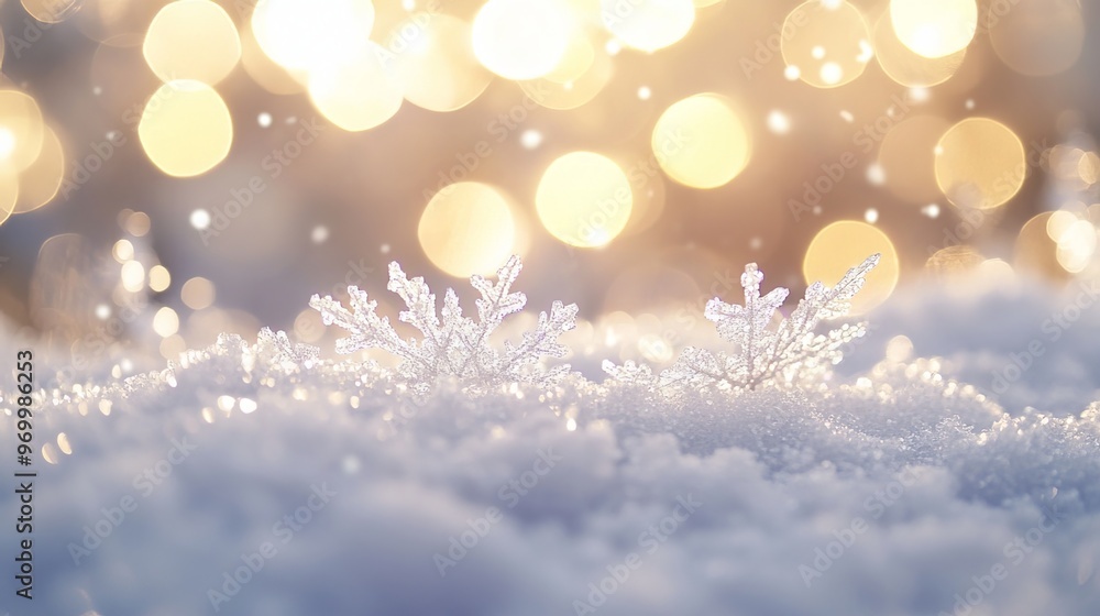 Naklejka premium A snowy scene is depicted, with real snowdrift and acrylic crystals adding depth and texture. Bokeh lights twinkle in the background, creating a festive atmosphere. The soft