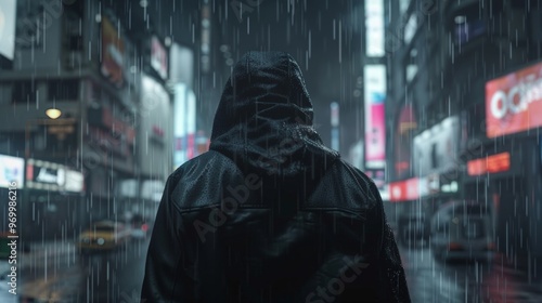 City in virtual reality, one man walking cyberpunk city street in neon lights