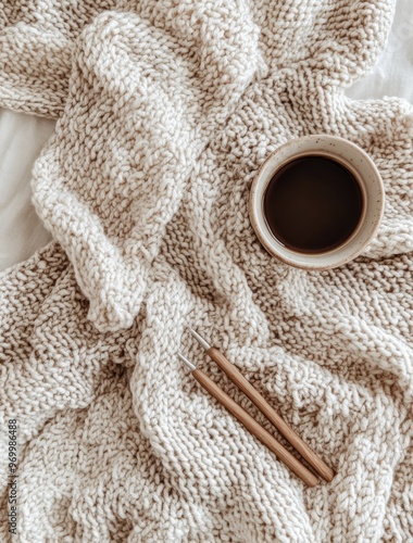 Cozy cup of coffee on knitted blanket with wooden knitting needles resting ne...