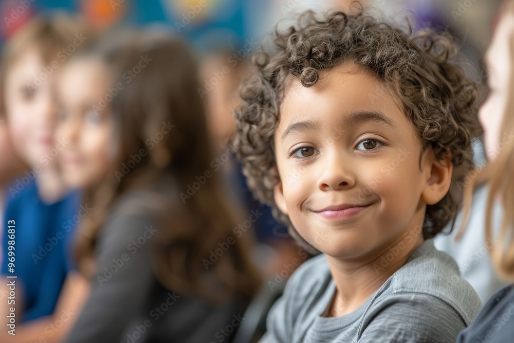 Happy boy looking at the camera, other children sitting behind him Happy boy looking at the camera, other children sitting behind him