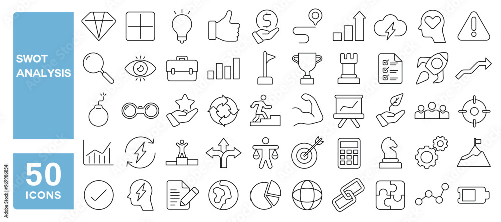 Set of 50 line icons related to swot analysis, strengths, weaknesses, opportunities, threats, business, strategy, idea, target, Editable stroke. Vector illustration Set of 50 line icons related to swot analysis, strengths, weaknesses, opportunities, threats, business, strategy, idea, target, Editable stroke. Vector illustration