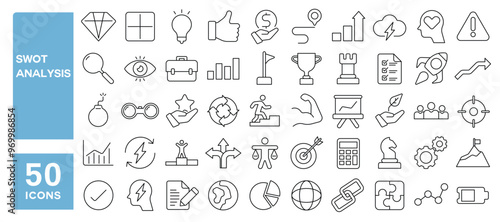 Set of 50 line icons related to swot analysis, strengths, weaknesses, opportunities, threats, business, strategy, idea, target, Editable stroke. Vector illustration