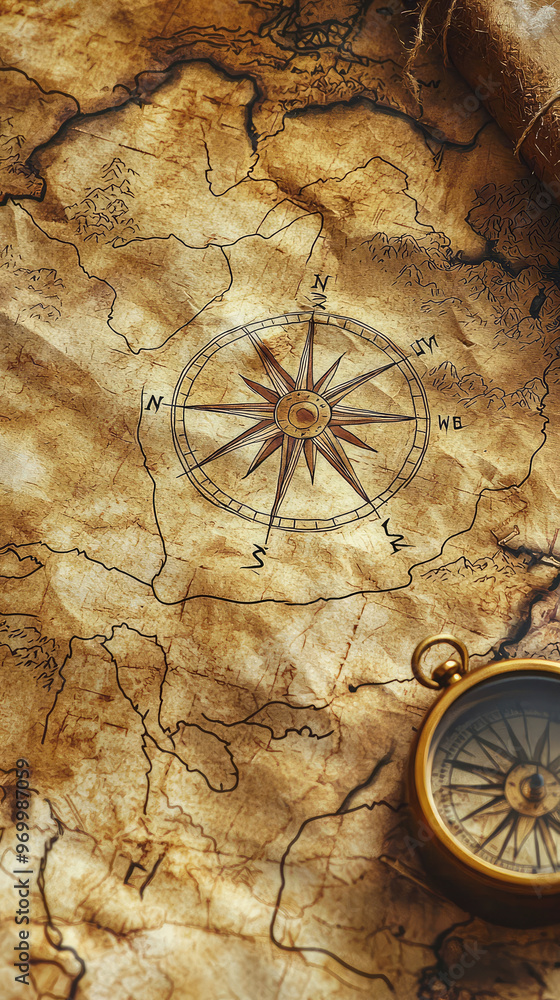 Fototapeta premium A detailed treasure map with compass, showcasing intricate markings and vintage feel