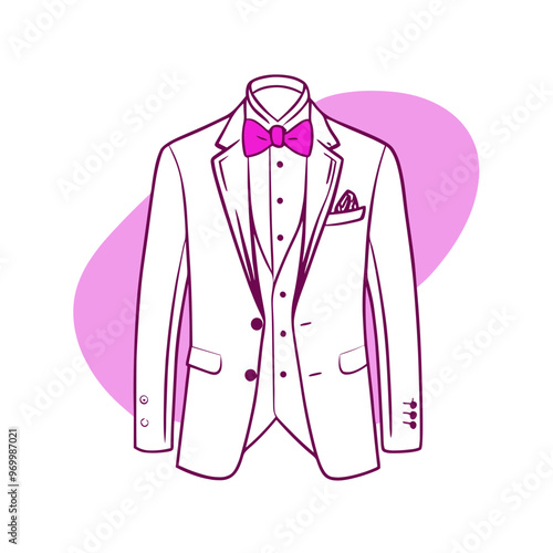 Elegant tuxedo with bowtie and pocket square illustration on a colorful background, formal wear 