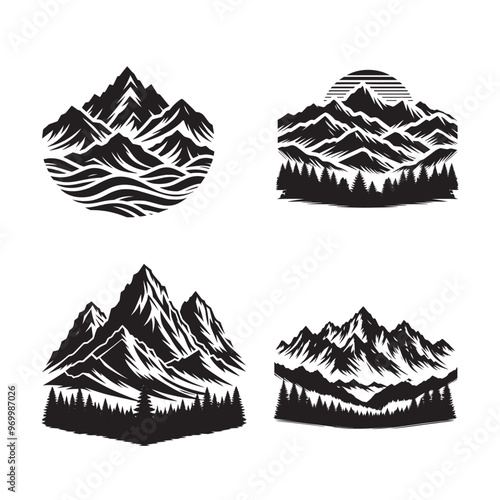 "Black and White Mountain Silhouette Vector Art, Mountain Silhouette Set