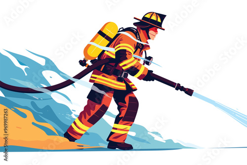 Brave Firefighter with Hose in Action isolated