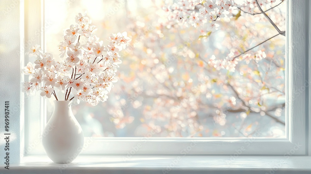 A white vase brimming with white blooms rests on a nearby windowsill, beside a lush tree in the backdrop A white vase brimming with white blooms rests on a nearby windowsill, beside a lush tree in the backdrop