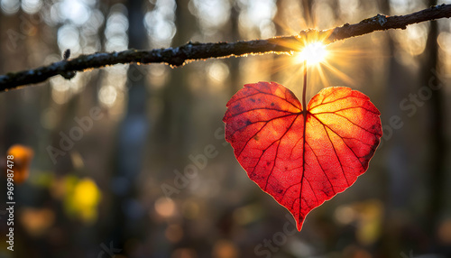 Heart shaped leaf backlit by the sun in the forest.