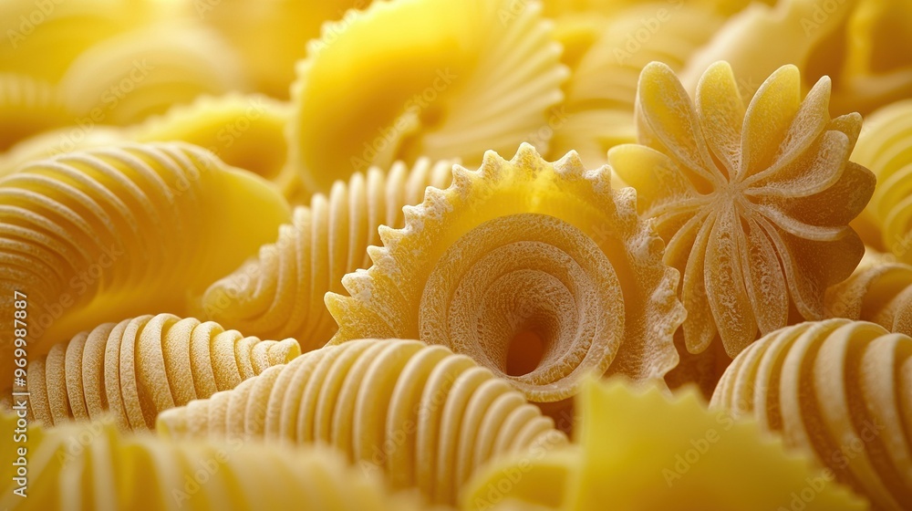 A close-up of numerous pasta shells dominates the image's center A close-up of numerous pasta shells dominates the image's center