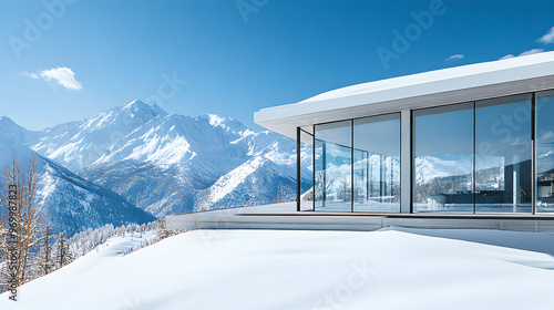 A contemporary mountain home with a minimalist design large glass walls and a stunning view of snowcovered peaks. photo