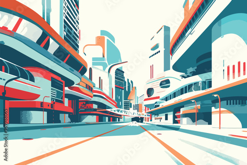 Retro Futuristic Urban Environment with Bold Colors s isolated