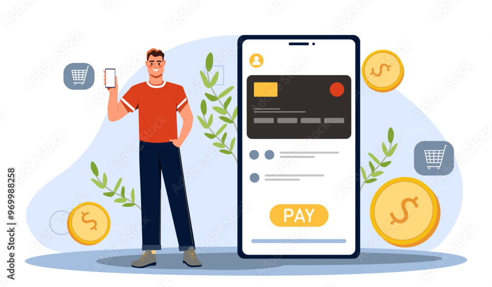 Man with Ewallet. Young guy with electronic wallet. Cashless transfers and transactions. Digital money in mobile banking application. Flat vector illustration isolated on white background Man with Ewallet. Young guy with electronic wallet. Cashless transfers and transactions. Digital money in mobile banking application. Flat vector illustration isolated on white background