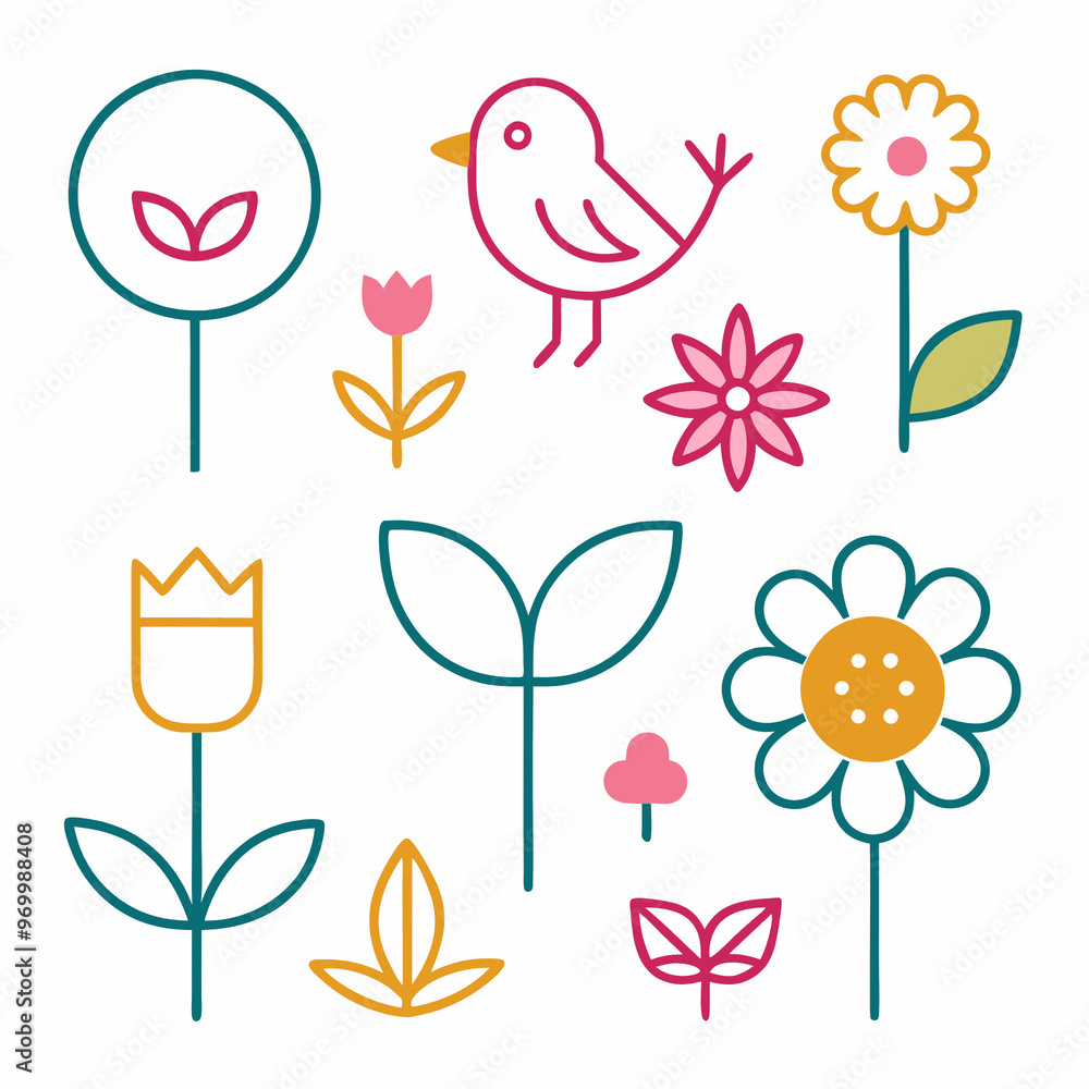 set of flowers and birds set of flowers and birds