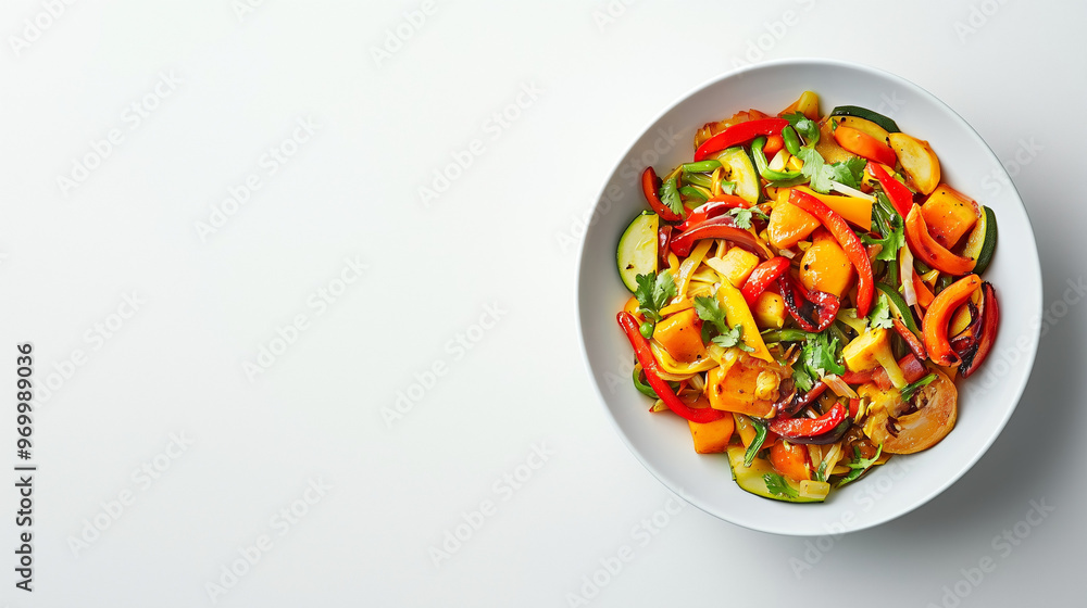 A vibrant bowl of mixed vegetables, including red peppers, zucchini, and colorful bell peppers, garnished with fresh herbs, placed on a clean white background. A vibrant bowl of mixed vegetables, including red peppers, zucchini, and colorful bell peppers, garnished with fresh herbs, placed on a clean white background.