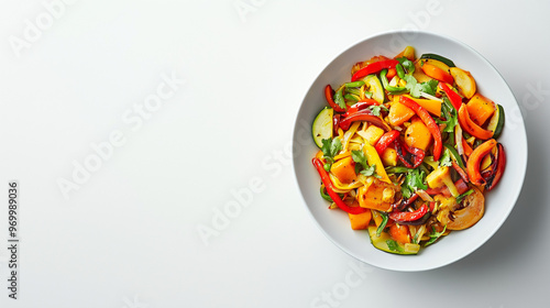 A vibrant bowl of mixed vegetables, including red peppers, zucchini, and colorful bell peppers, garnished with fresh herbs, placed on a clean white background.